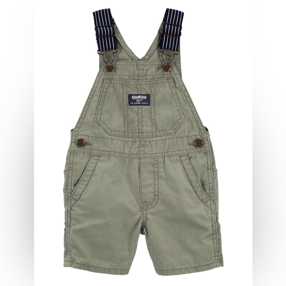 Oshkosh Boys’ Shortalls. Olive Green with Navy Blue Striped Straps. Size 3T